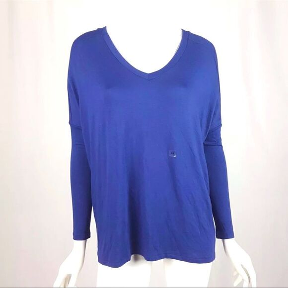 Express Size XS Royal Blue 3/4 Sleeve Oversized High Low V-Neck Stretch Top MWT - Picture 1 of 6